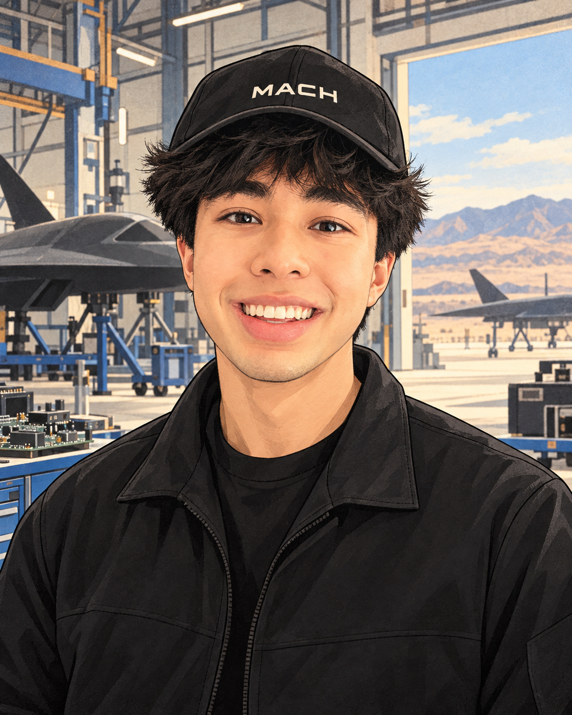 Illustration of Nayel wearing a Mach cap on an aerospace manufacturing floor